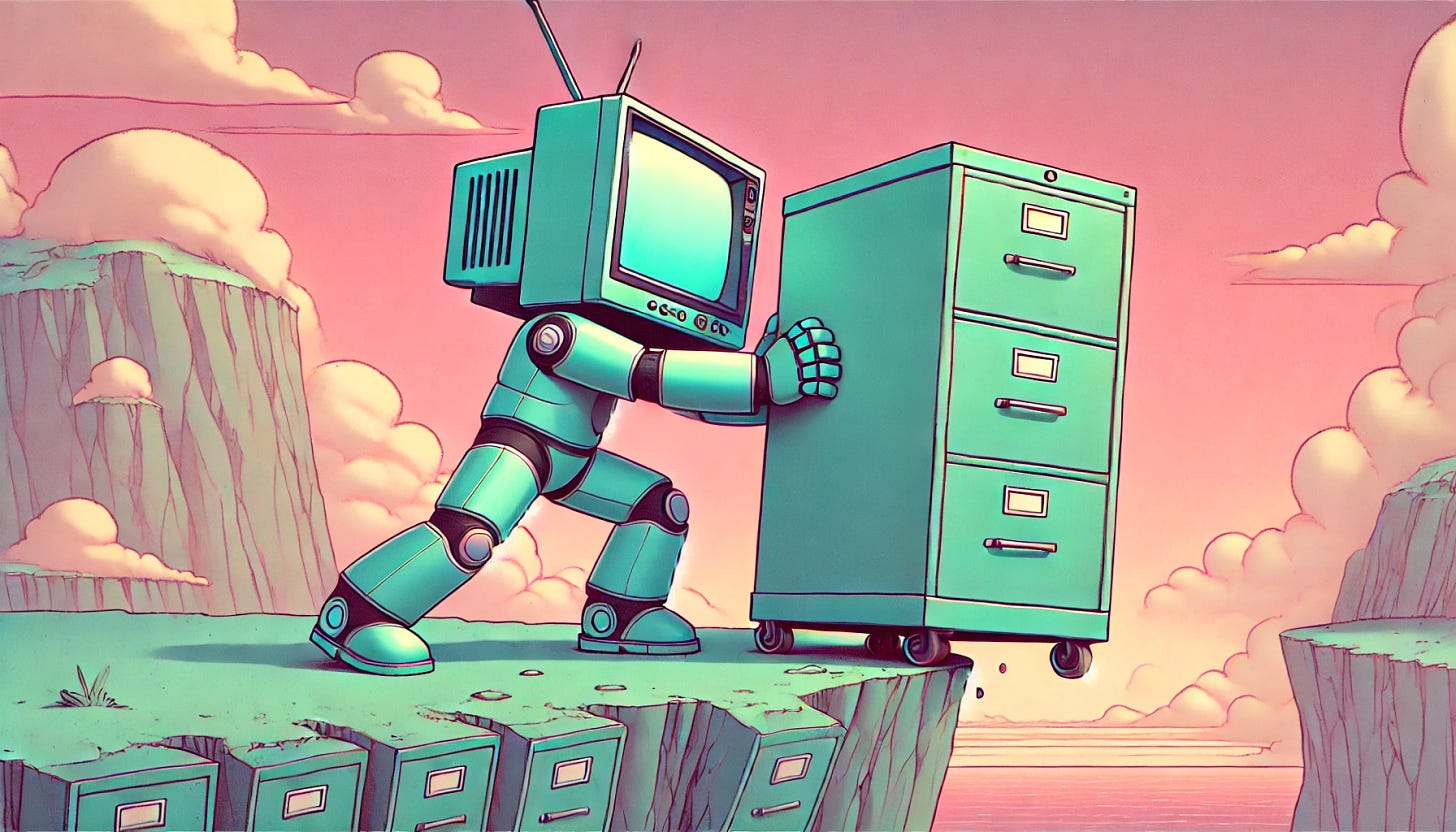 A robot with a television for a head is pushing a filing cabinet that is right at the edge of a cliff. The robot has a sleek, early 2000s anime art style with pastel colors. The setting is a cliffside with a pastel-colored sky in the background. The scene should have a whimsical and surreal feel, with the filing cabinet being at the edge of the cliff and the robot behind it, exerting effort to push it over the edge.