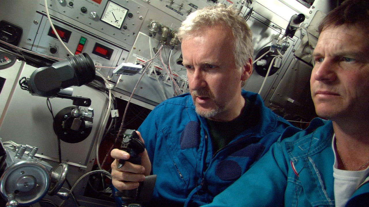 James Cameron and Bill Paxton in a submarine visiting Titanic in Ghosts of the Abyss