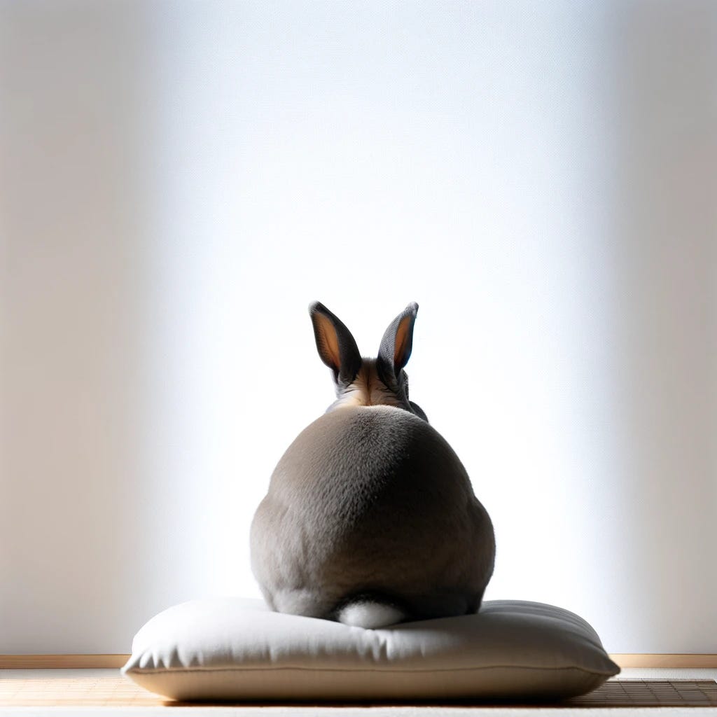 An image of a rabbit sitting on a cushion, meditating in a traditional Zendo setting. The rabbit is viewed from behind, staring at a plain white wall. The Zendo is minimally decorated, embodying the serene and uncluttered aesthetic typical of Zen meditation spaces. The rabbit's posture reflects calmness and concentration, with its ears relaxed but attentive. The meditation cushion, or zafu, is properly positioned to support the rabbit in its meditation posture. The lighting is soft and natural, suggesting an atmosphere of tranquility and mindfulness.