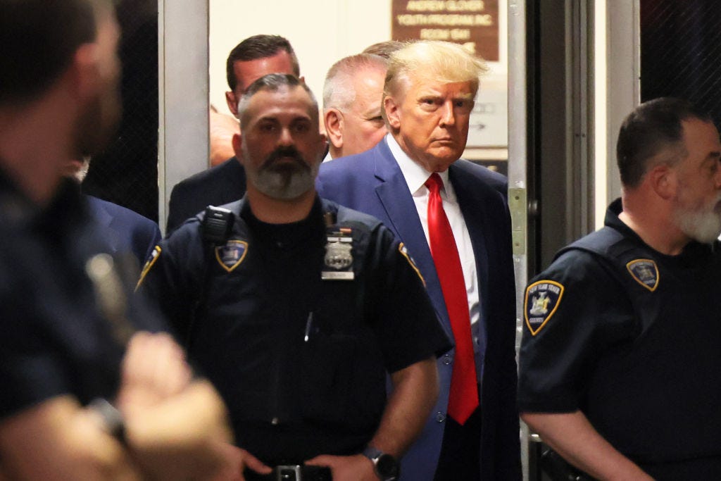 Former President Donald Trump arrives for an arraignment hearing in New York City in April 2023.