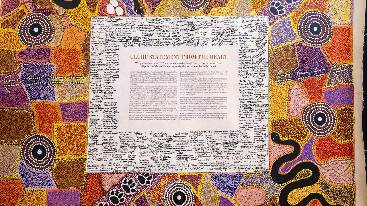 The Uluru Statement from the Heart on display at the National Press Club in Canberra. Picture: NCA NewsWire / Martin Ollman