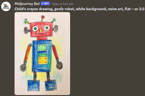 Midjourney image for the following prompt: Child's crayon drawing, goofy robot, white background, naive art, flat 