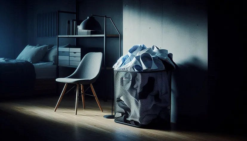 A dimly lit modern bedroom with a large overflowing laundry basket, a sleek gray chair, and a neatly made bed with white bedding set against dark walls, highlighting the contrast between cleanliness and clutter