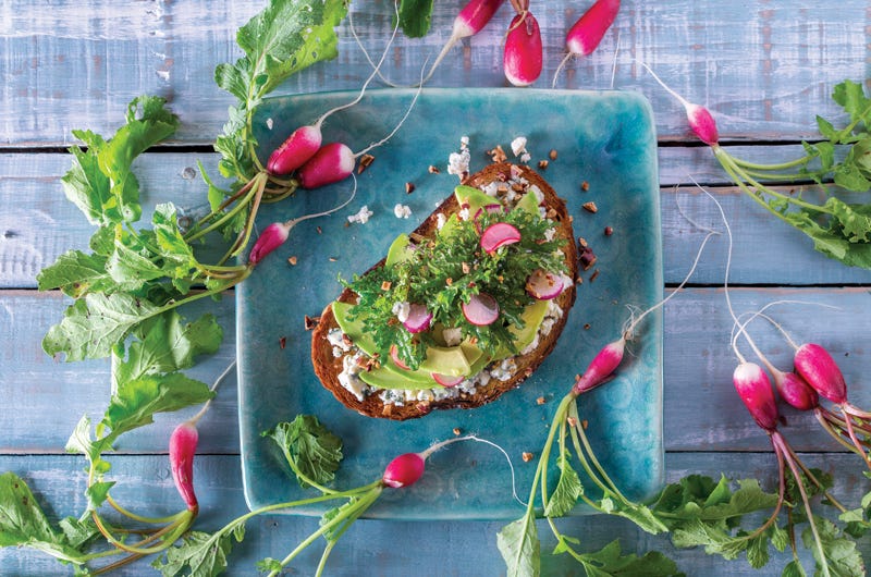 Avocado Toast with Baby Kale, Blue Cheese, Pecans, Quick-Pickled Radishes and Honey, Cook the Vineyard