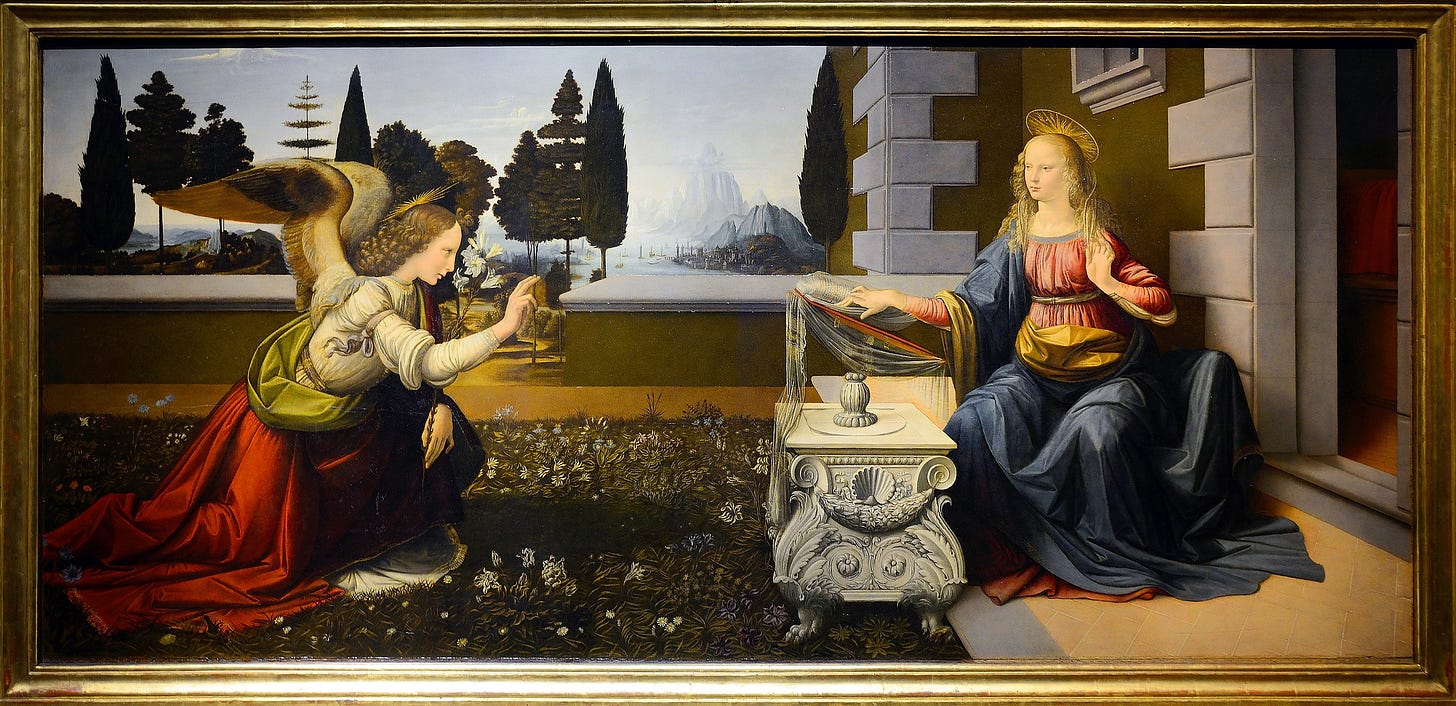 A painting in the style of Da Vinci illustrates the Annunciation, featuring an angel kneeling on the left and a woman seated on the right, all set in a serene garden.