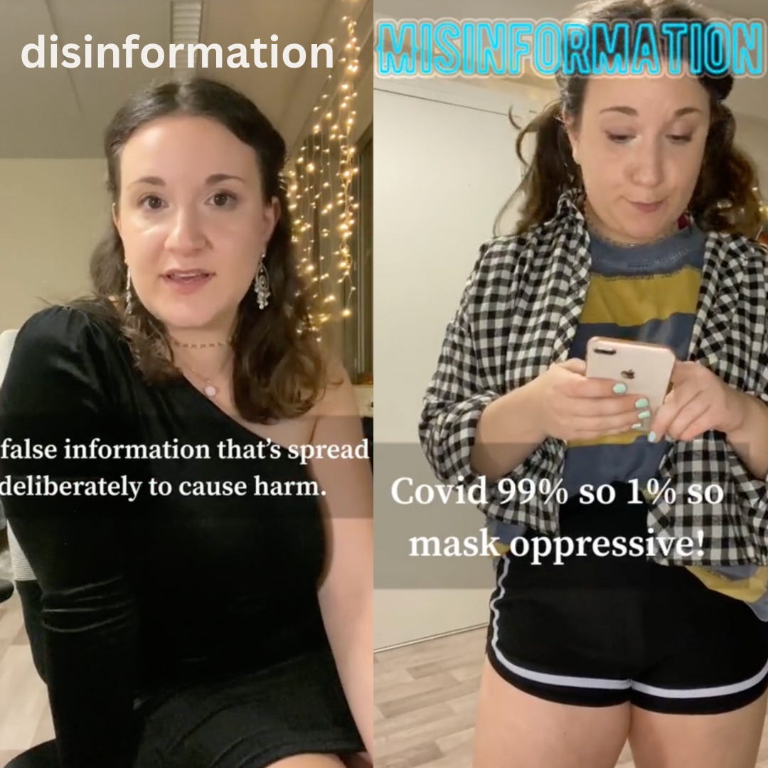 a characterization of disinformation (false information that’s spread deliberately to cause harm/advance the agenda of the narrator, characterized in a fancy black velvet dress and ornate earrings) juxtaposed with misinformation (a casually dressed person circulating myths about COVID-19, under the impression they are helping)