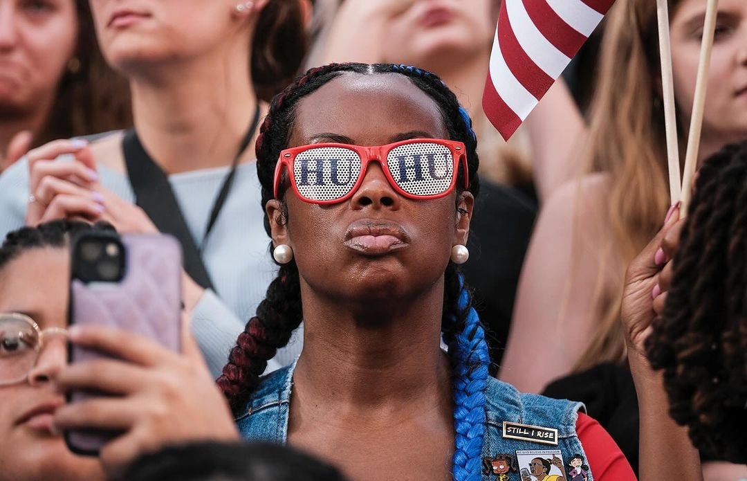 Members of the Alpha Kappa Alpha Sorority and other supporters look on as Democratic presidential nominee U.S. Vice President Kamala Harris delivered her concession speech to her supporters at her alma mater on “The Yard” of Howard University. Michael A. McCoy/The Washington Post. 