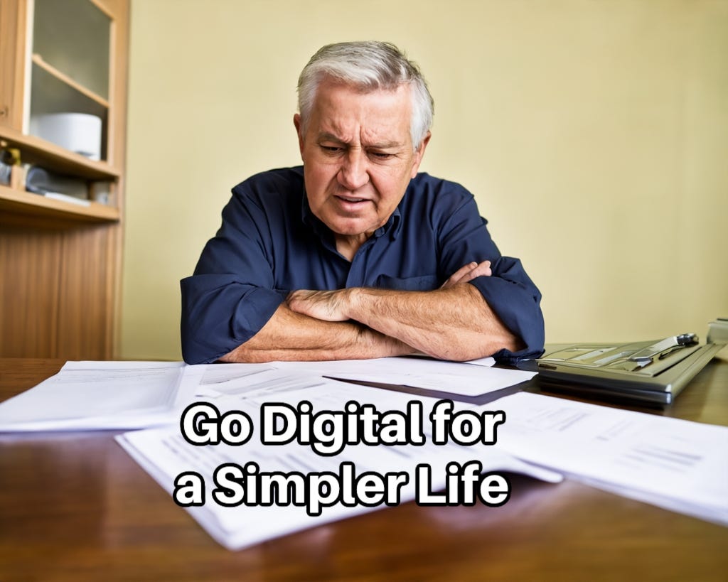 Older white man sits at home office with a stack of papers in front of him. With arms folded, he has a frustrated look on his face. Inset caption: “Go Digital for a Simpler Life.”