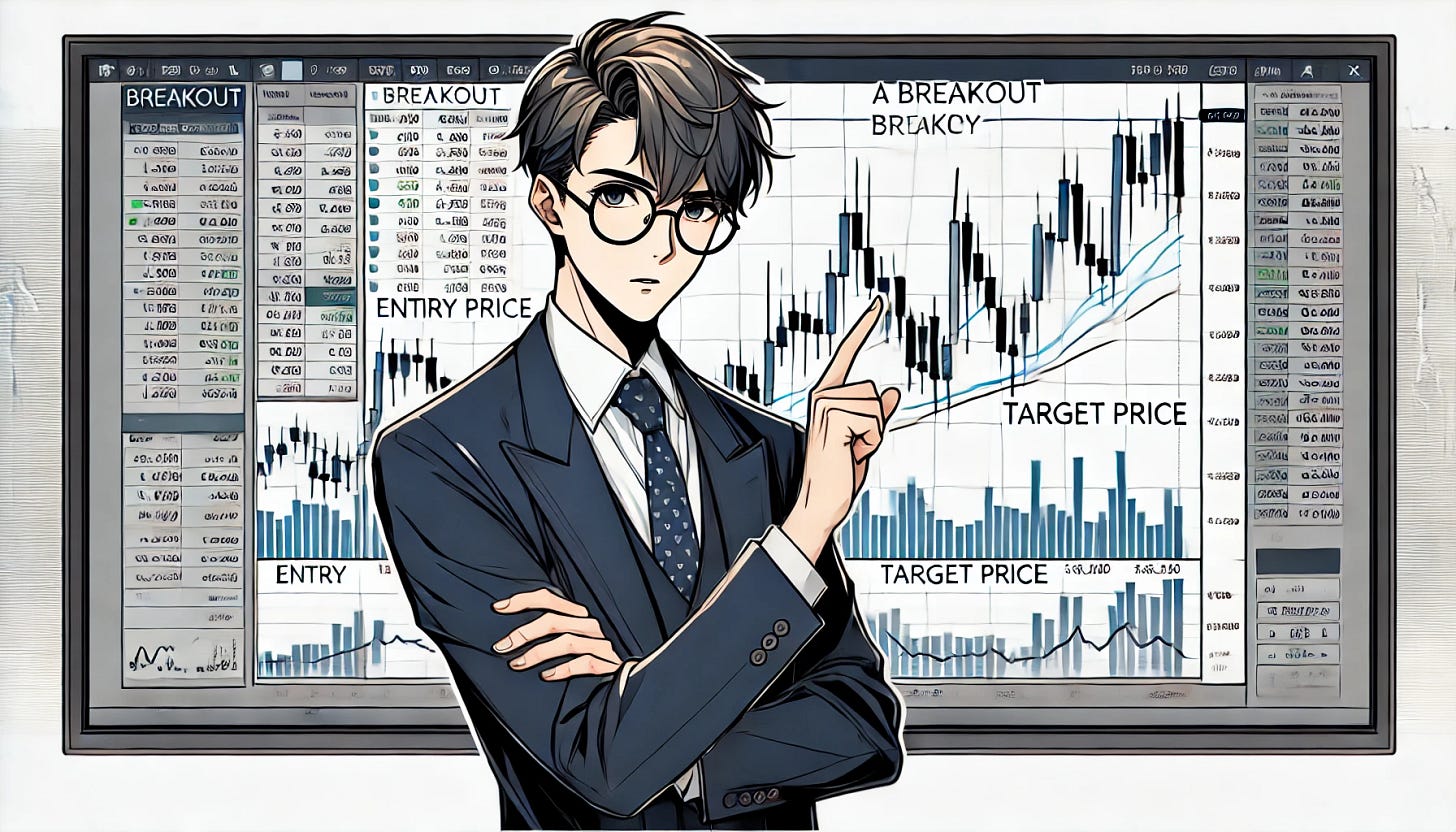 An anime-style illustration of a more mature-looking 33-year-old Asian male character with short, neat hair and glasses, explaining how to trade a breakout in a wide aspect ratio. He is dressed in a formal business suit, standing beside a large screen displaying a financial chart with clear support and resistance levels. The chart shows a breakout pattern where the price breaks above a resistance line, with annotations like 'Entry' and 'Target Price.' The character is pointing at the breakout area with a serious, professional expression, emphasizing the concept of breakout trading in a modern trading room setting.