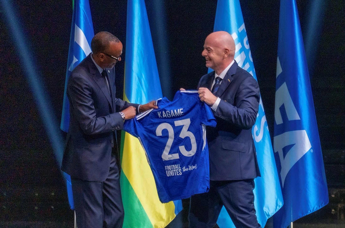 Kagame with FIFA President Gianni Infantino during the 73rd FIFA Congress at the BK Arena in Kigali in March.