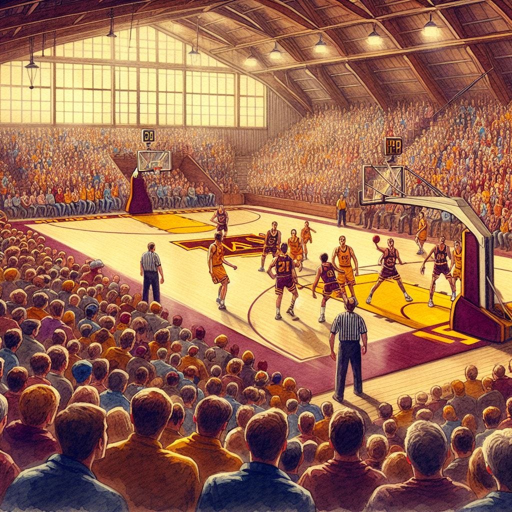 Minnesota Duluth and Minnesota State playing basketball with a huge crowd in a barn, watercolor