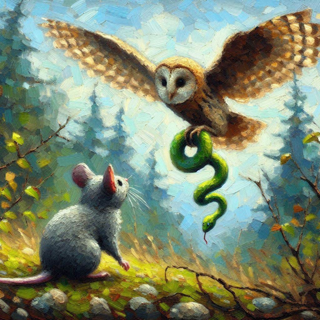 a little grey mouse watches as a huge owl flies away with an unconscious green snake hanging from its talons. Impressionist-style