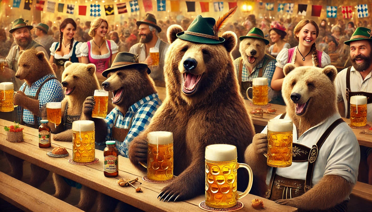 A group of Kodiak bears happily drinking beer at Oktoberfest. The bears are sitting at wooden tables with large beer steins, wearing traditional Bavarian hats and lederhosen. The scene is festive, with colorful decorations, people in dirndls and lederhosen, and a lively atmosphere. Some bears are laughing, while others are toasting their drinks.