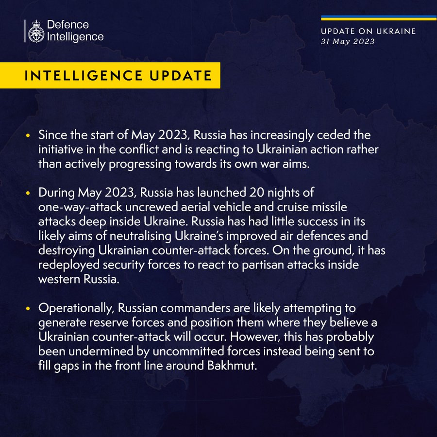 Latest Defence Intelligence update on the situation in Ukraine - 31 May 2023.