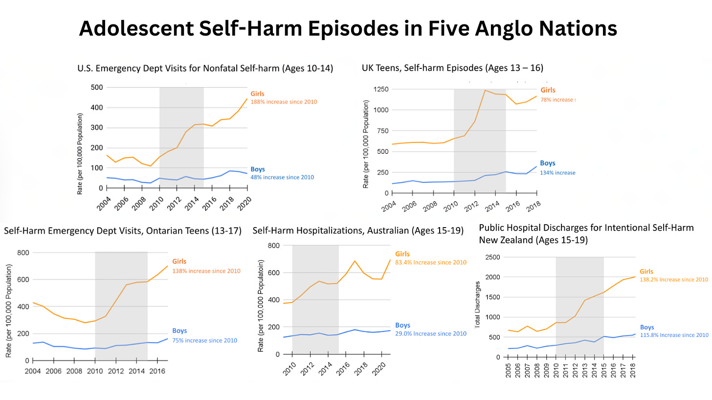 Since 2010, rates of self-harm episodes have increased for adolescents in the Anglosphere countries, especially for girls.