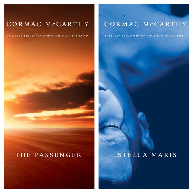 A composite image showing the covers of Cormac McCarthy's upcoming novels "The Passenger" and "Stella Maris."