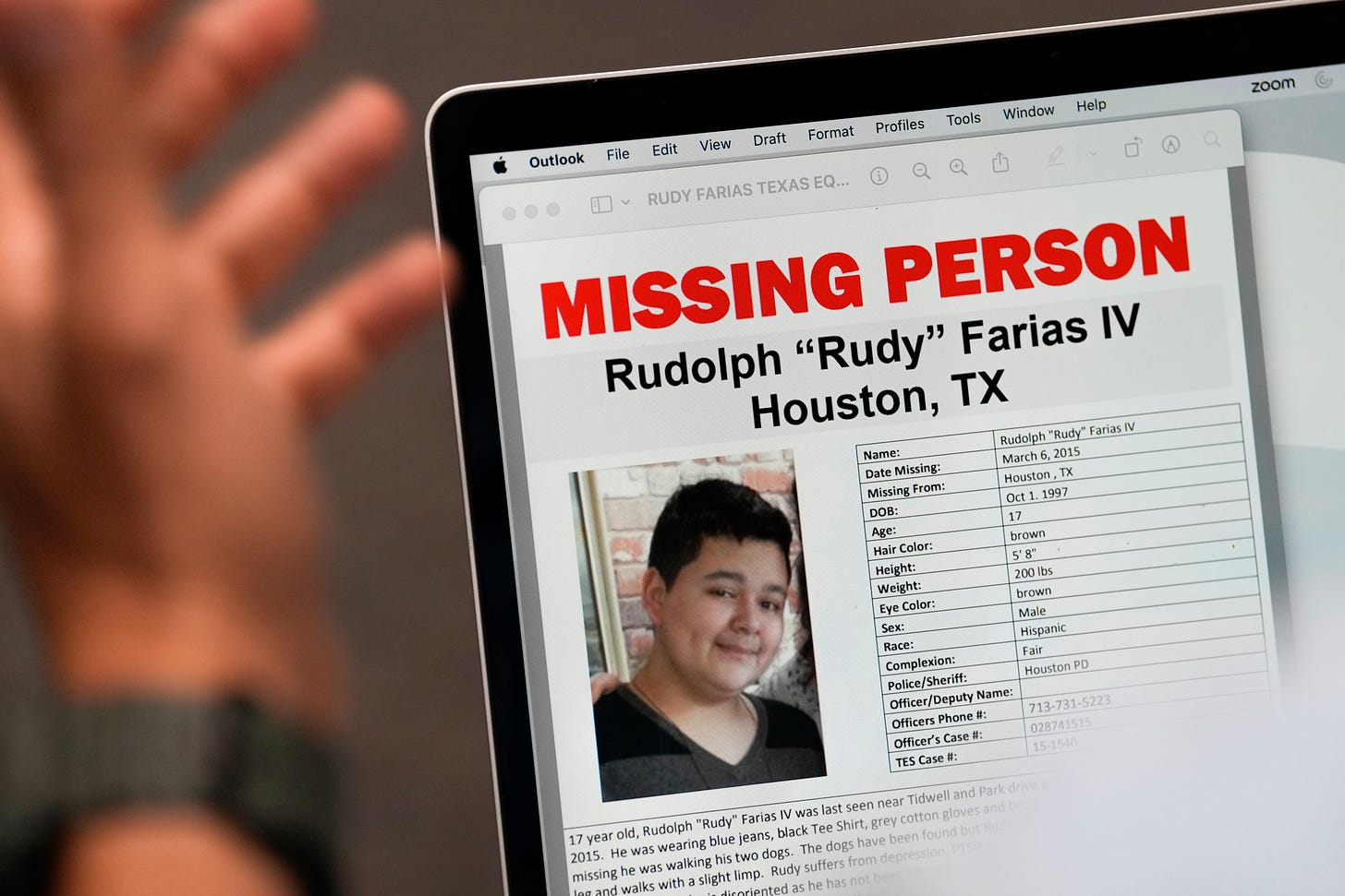 A missing persons flier is displayed on a computer screen as Houston Police Chief Troy Finner gives an update on the Rudy Farias case during a news conference at HPD headquarters, Thursday, July 6, 2023, in Houston. 