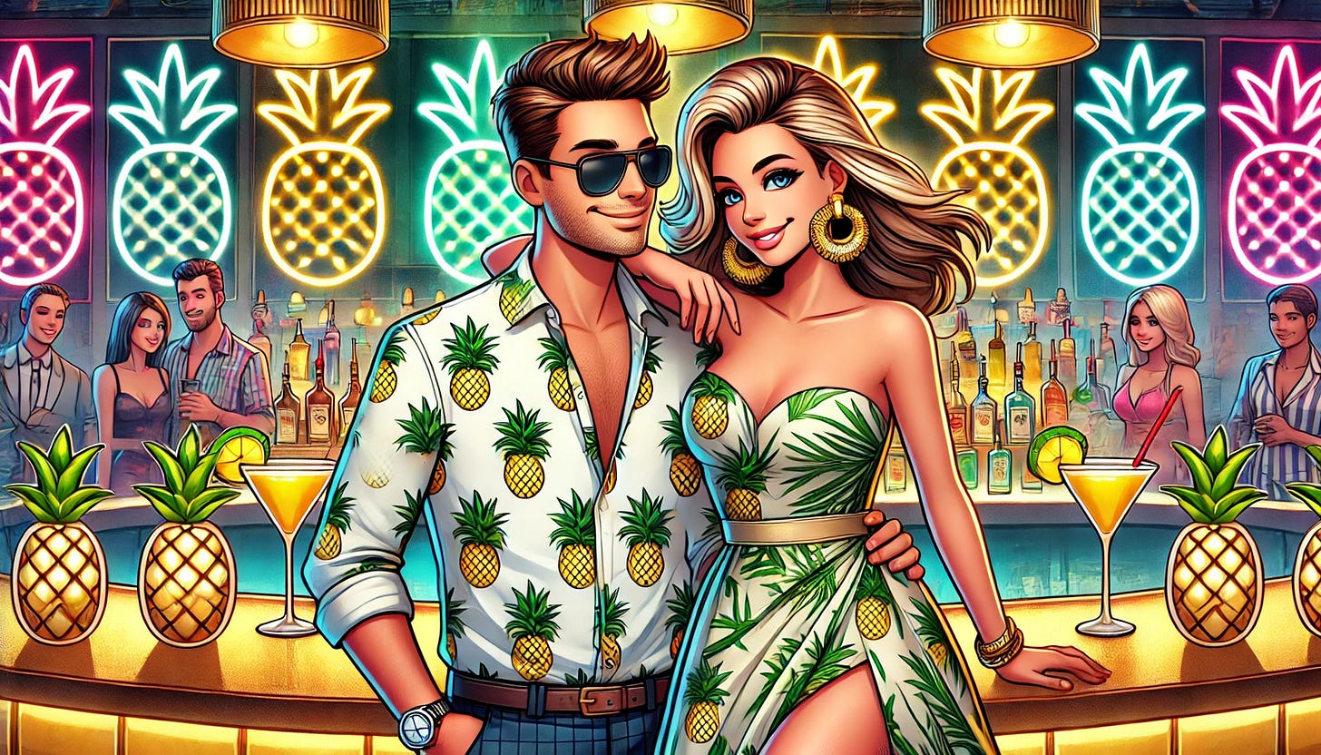 Couple with pineapple apparel together in a bar.