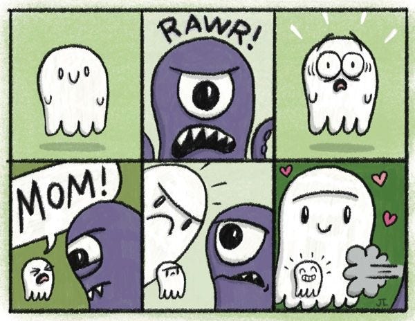 A small ghost is shown inside the frame. A purple octopus pops up and says, "RAWR!" The little ghost yells, "MOM!" and a ghost even bigger than the octopus appears. It leaves, and the little ghost smiles.