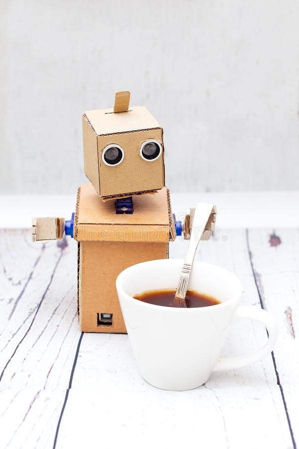 Robot Holding a Spoon and Drinking Coffe. Artificial Intelligence Stock  Photo - Image of science, robot: 131906412