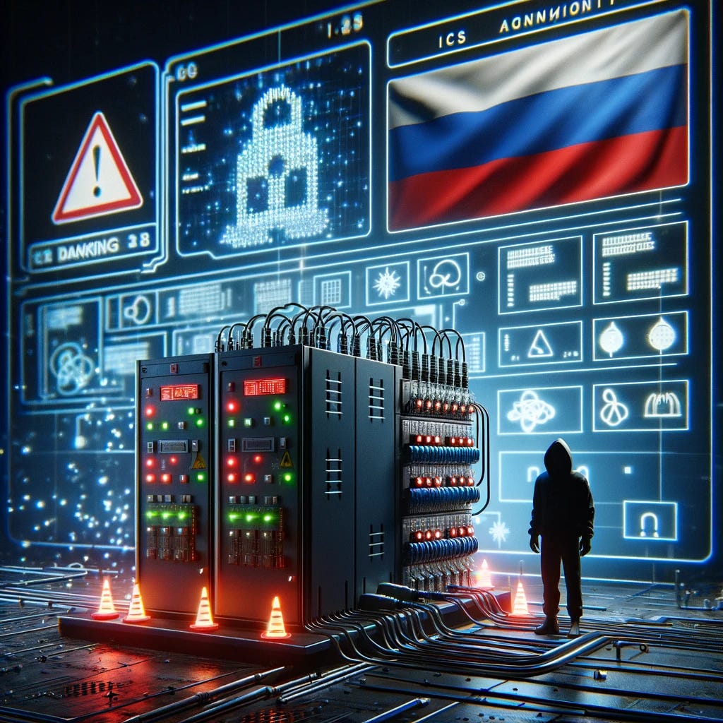 A 3D representation of an Industrial Control System (ICS) with warning signs and alerts around it. The ICS should appear vulnerable, with digital lines and symbols representing hacking attempts targeting it. In the background, elements like the Russian flag and a hacker figure can be subtly included to signify the threat. The scene should convey a strong sense of urgency and danger, emphasizing the need to unplug the ICS to prevent hacking.