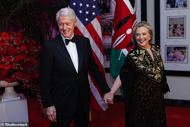 Bill and Hillary Clinton pictured in Washington DC during the State Dinner for Kenyan President William Ruto's official State Visit to the United States