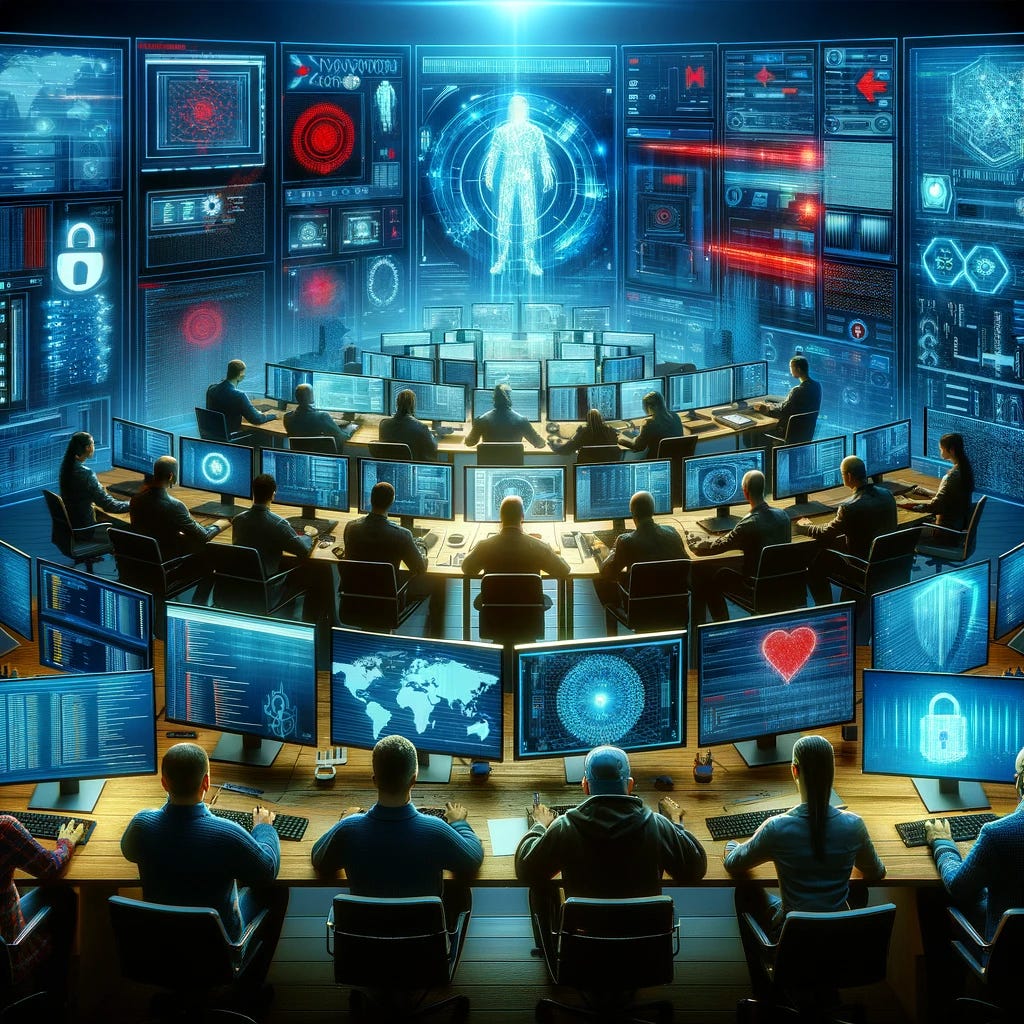 Create an image that illustrates a collaborative and strategic session between the blue team and red team of cybersecurity professionals, working together at a large digital workstation filled with monitors, servers, and advanced cybersecurity software. The focus is on teamwork and the use of technology, with no weapons or traditional combat imagery. The professionals are depicted as analyzing data, monitoring cybersecurity threats, and implementing protections in a high-tech command center environment. The background features digital interfaces, code streams, and cybersecurity icons, emphasizing a peaceful, intellectual battle against cyber threats in a virtual world.