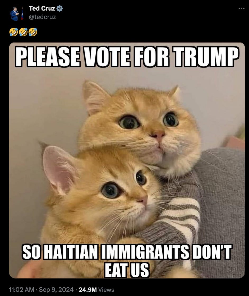 A screenshot of Ted Cruz sharing the following meme with a cry-laugh emoji: two cute cats huddled together with text reading "Please vote for Trump so Haitian immigrants don't eat us."