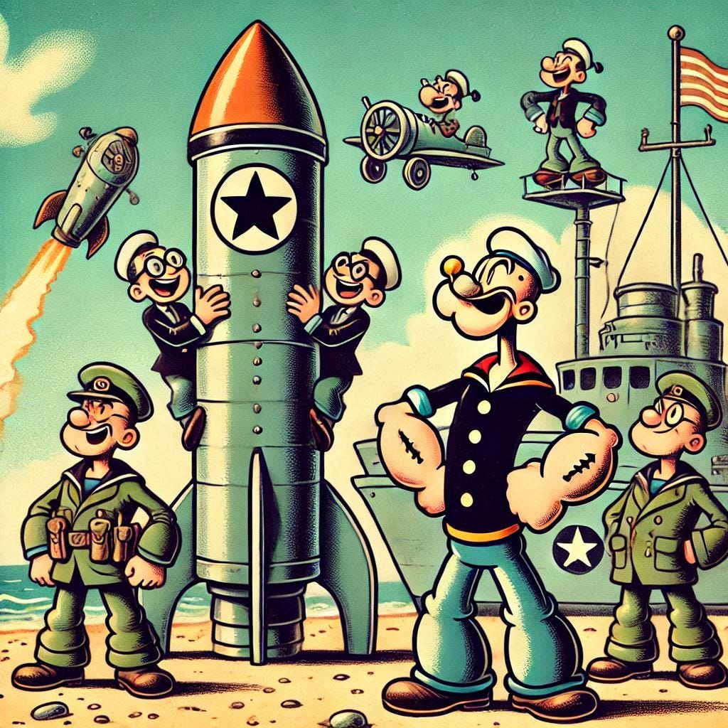 popeye, rocket launchpad, soldiers, 1930s cartoon style