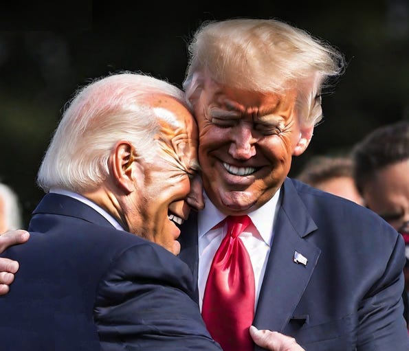 Joe Biden and Donald Trump smile and embrace.