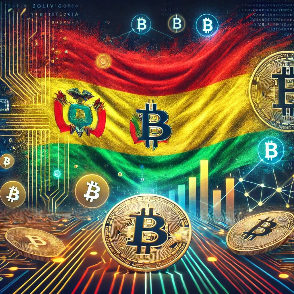 An artistic representation of Bolivia's embrace of digital payments and Bitcoin commerce. The image features the Bolivian flag with a digital payment overlay, including Bitcoin symbols and vibrant transaction lines connecting people and businesses. A subtle dollar symbol crossed out reflects the dollar shortage, while the image highlights growth and innovation in financial technology. The color palette includes Bolivia's national colors (red, yellow, green) combined with Bitcoin's iconic gold and black, symbolizing opportunity and transformation.