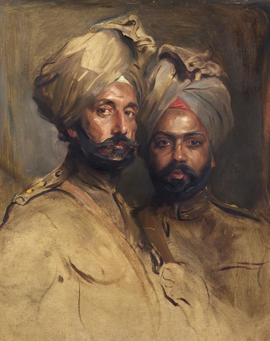A lovely oil painting of two handsome Indian soldiers looking at the viewer. They look serious and really rather noble.