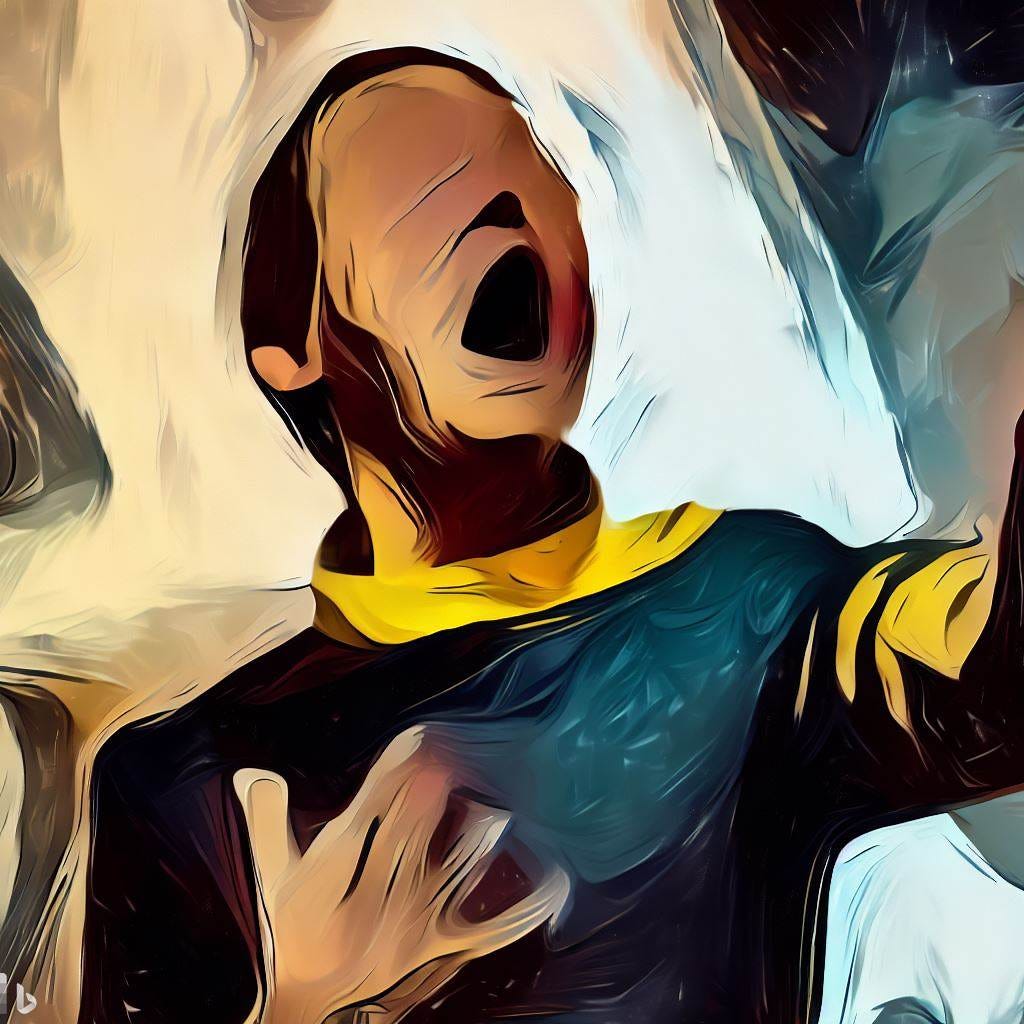 A person singing in a starfleet uniform in the style of an expressionist painting