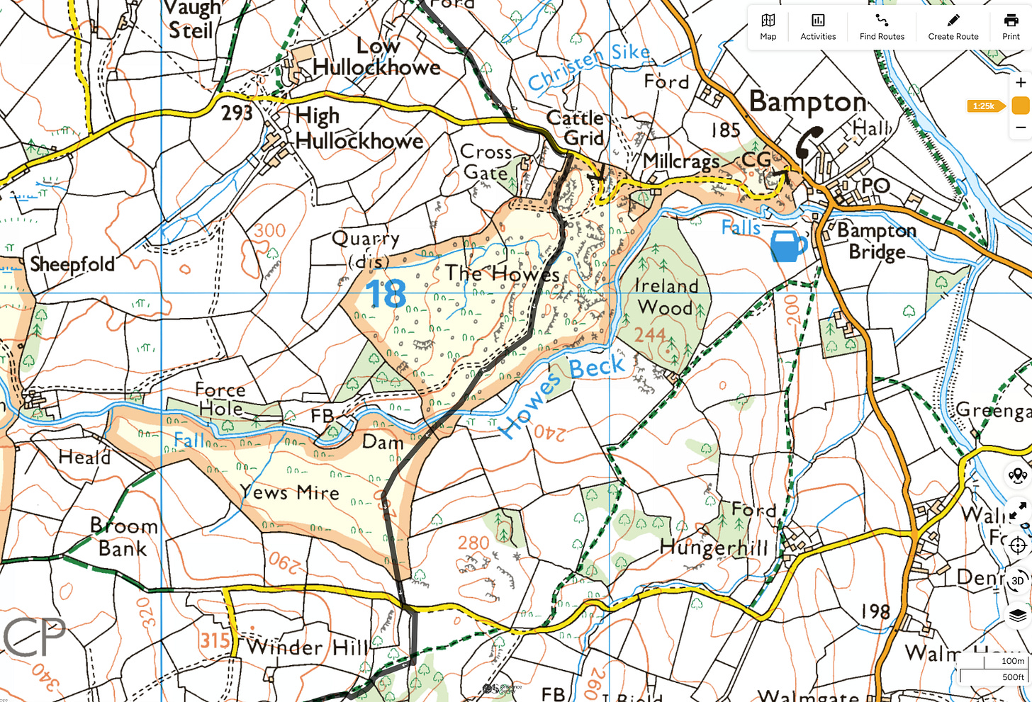 A map showing the route taken across The Howes and Yews Mire