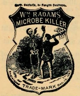 Logo of Radam's Microbe Killer, showing a man using a club to fight off an animated skeleton, which is raising its arms to defend itself.