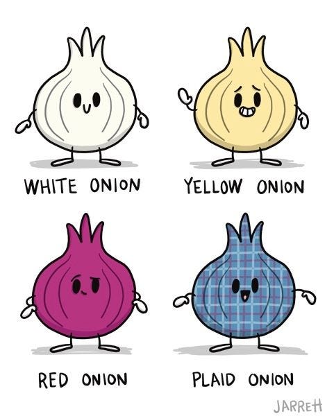 The picture shows a white onion, a yellow onion, a red onion, and a plaid onion!