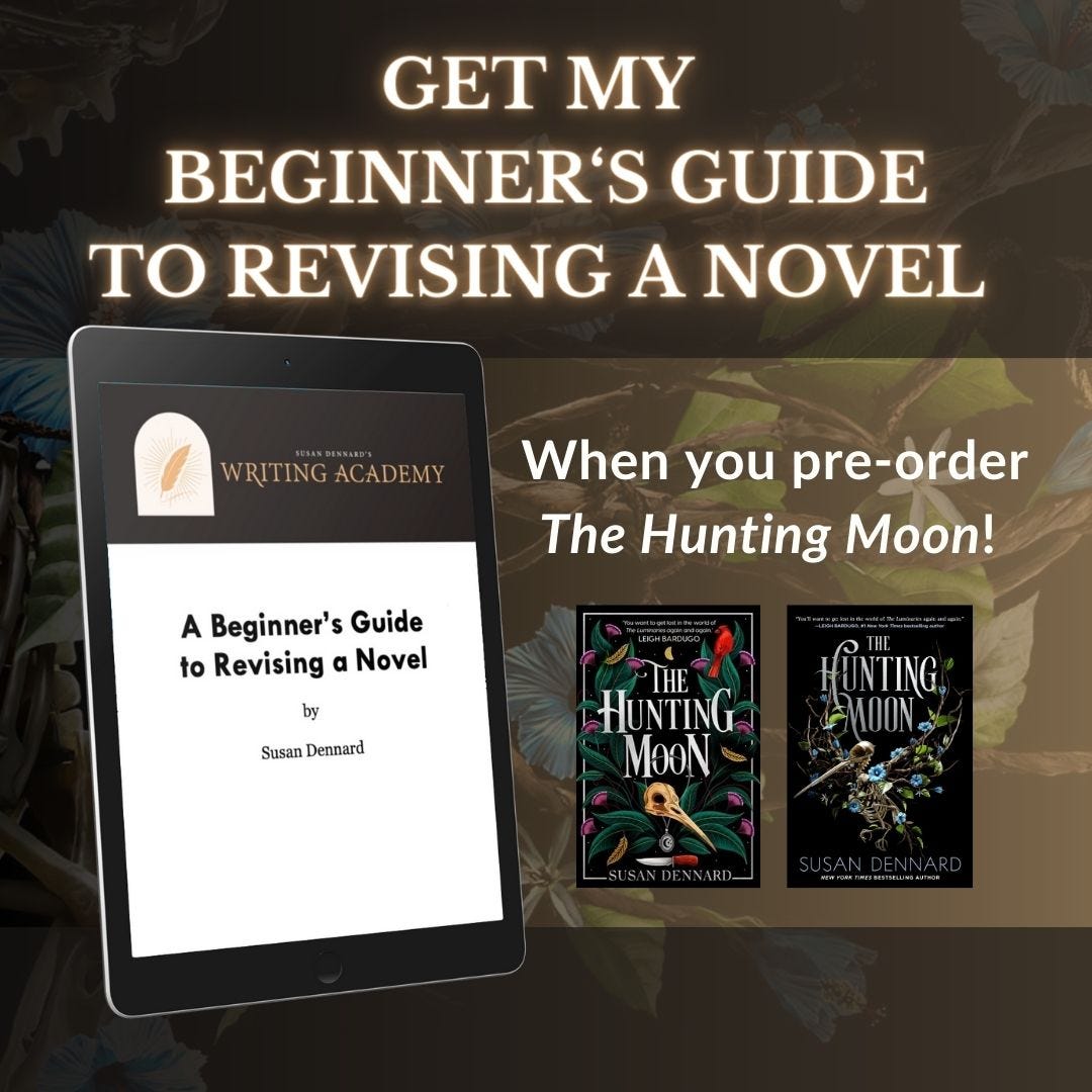 A graphic showing "Get a free Beginner's Guide to Revising Your Novel" with two covers for The Hunting Moon