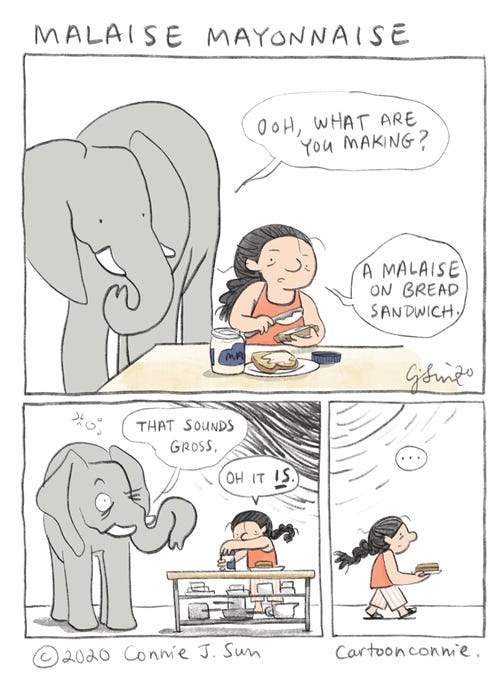 Malaise Mayonnaise elephant cartoon, humor, illustration, sketchbook, comics by connie sun, cartoonconnie