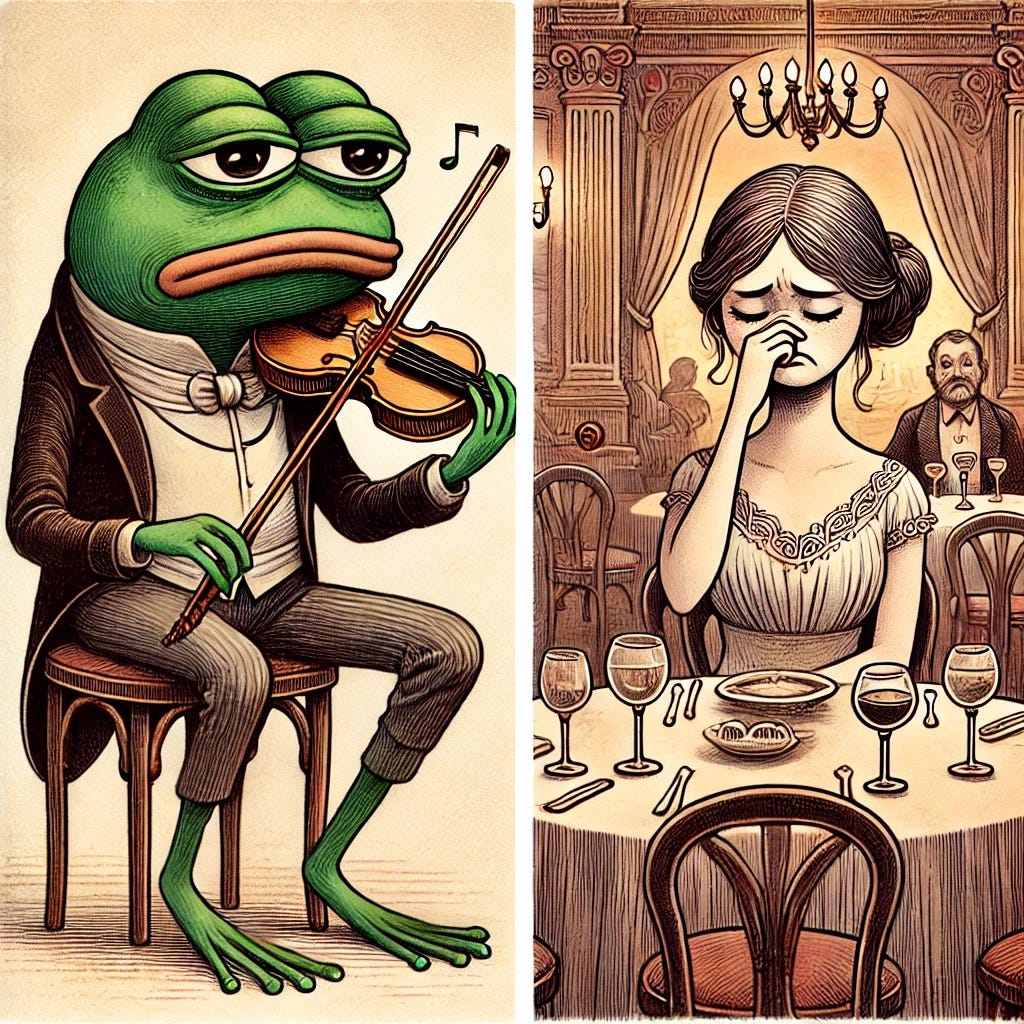 A whimsical illustration depicting a sad frog with a long face, playing a violin. The frog is seated beside a table at a fancy restaurant, where a spoiled young woman is sitting alone, sniffing. The scene captures the frog in a somber mood, its long face emphasizing its sadness as it plays the violin. The young woman is depicted as affluent, with an expression of discontent, surrounded by an elegant dining setting with luxurious decor. This image conveys a contrast between the simple sadness of the frog and the complex emotions of the woman.
