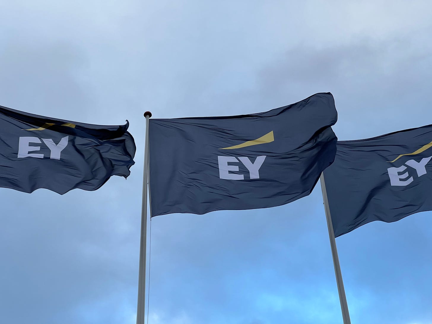 Three black flags near the west entrance no. 6 present during the EY NMADP 2022 (14-18 November) and EY NSMADP 2022, at the Bella Center Copenhagen Congress Center, featuring the logo of Ernst & Young (EY) in white and yellow colors. A cloudy sky shown in the background