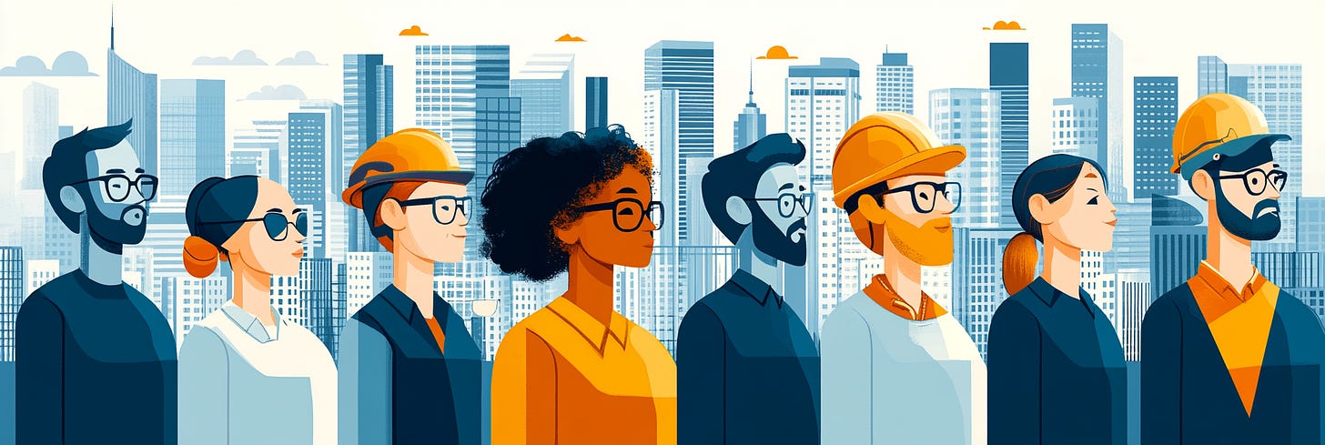 Illustration of diverse professionals, including men and women in hard hats, standing before a city skyline. The scene highlights teamwork, diversity, and urban development in a modern setting.