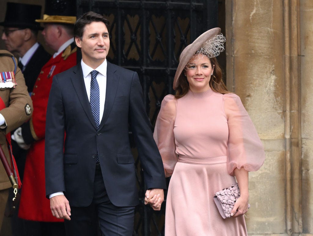 Justin Trudeau and Sophie Grégoire Trudeau arrive at Westminster Abbey for the Coronation of King Charles III and Queen Camilla on May 06, 2023 in London, England.  (Karwai Tang—WireImage)