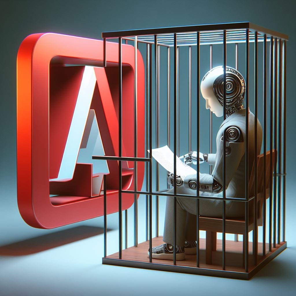 Adobe logo as an AI robot reading a PDF with a person inside a cube jail cell