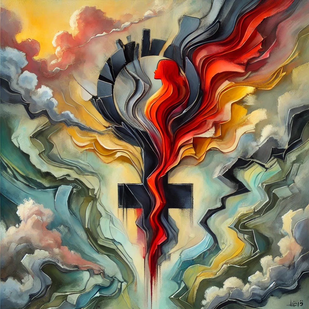 A highly abstract painting representing the feminist struggle in China. The central composition is composed of fluid, overlapping shapes in bold colors like red, orange, and yellow, symbolizing resilience and unity. Dark, jagged lines in black and grey sweep through the image, representing censorship and repression, but they are fragmented and broken by the brighter colors. The overall form is non-representational, using abstract shapes to evoke a sense of tension, resistance, and defiance. The background features subtle shades of green and blue, symbolizing hope breaking through the darkness.