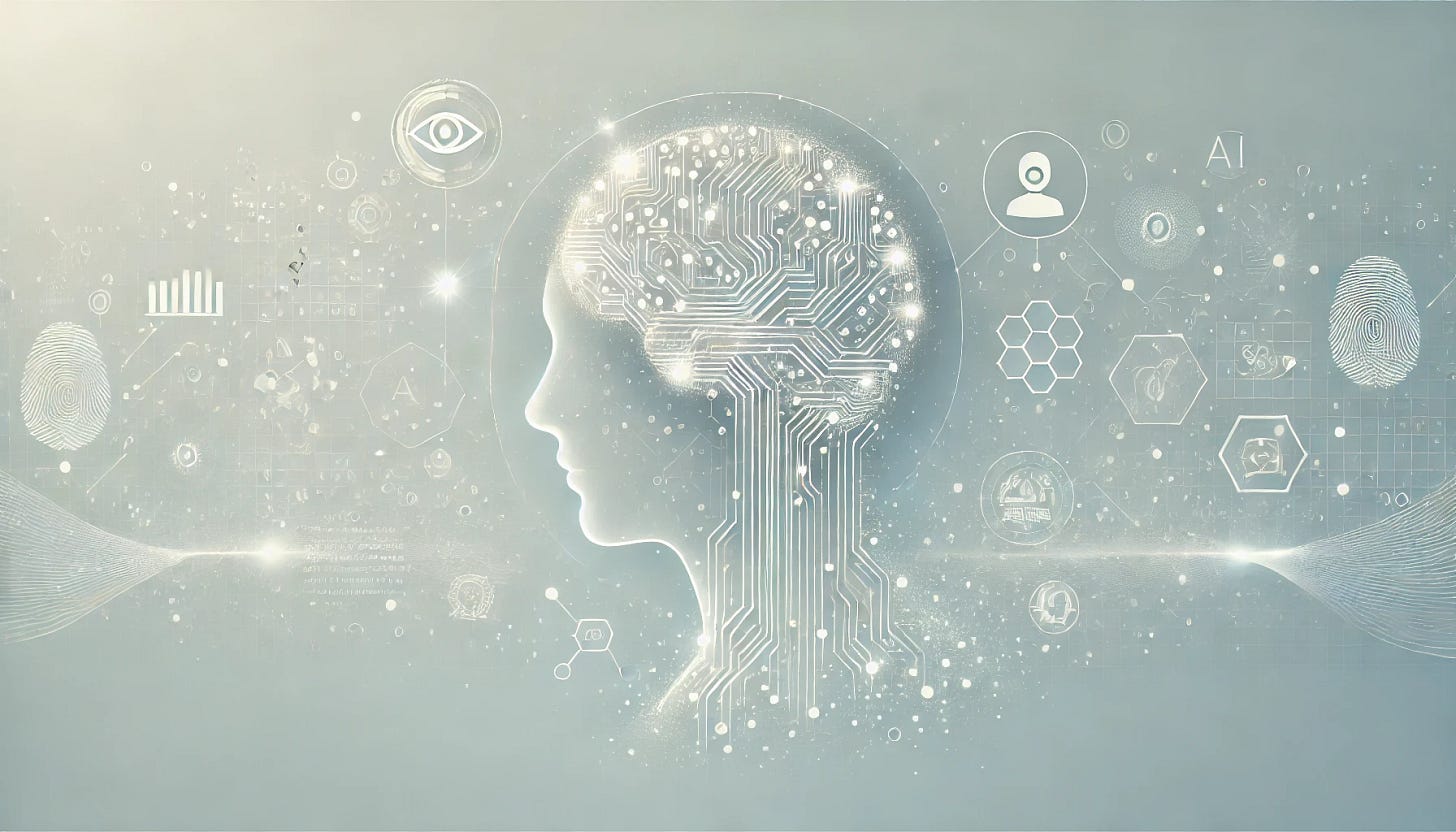 A clean and modern header image for an article about AI enhancing human intelligence, featuring a subtle representation of a human brain with minimal glowing circuits, surrounded by light digital elements like faint geometric patterns and small icons of science, art, and technology. The background is a soft gradient blending light blue and white tones, evoking calm and curiosity. No text or words included, focusing purely on visuals to convey a sense of innovation and modernity.