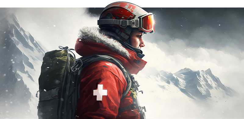 Side profile of a Ski Patroller in their red parka with white cross and with their medical kit on their back, looking off camera down a large mountainous ski hill.
