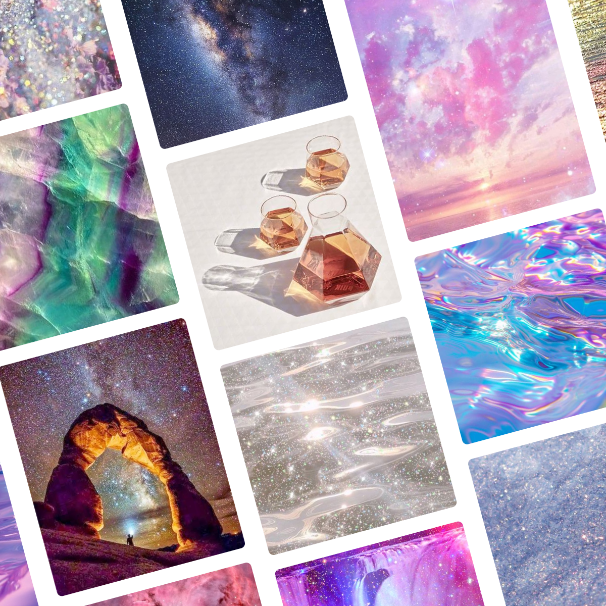 A moodboard featuring a series of pictures including stars at what I believe is Arches National Park, an aqua and purple stone, stars in the night sky, glitter superimposed on water, faceted, diamond-shaped glasses of some beverage, a pink sky with stars, sun glittering on the beach, blue and purple water that is probably AI generated, white glitter, and a pink... nebula? It's hard to say, and all a bit surreal!