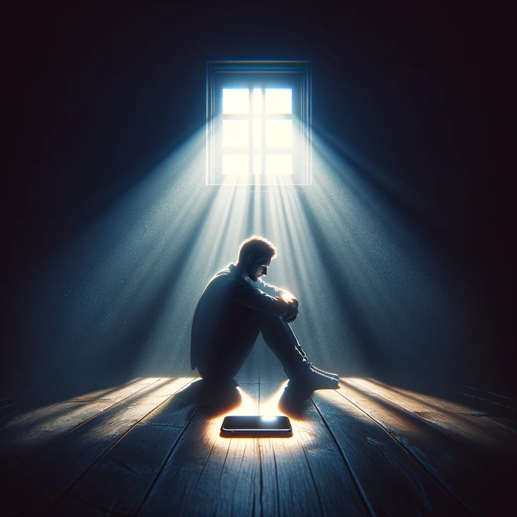 A thought-provoking image showing a person sitting alone in a dimly lit room, looking contemplatively at a silent, unlit smartphone on the table in front of them. The room has a window through which rays of light are coming in, symbolizing hope and self-reliance. The atmosphere is one of introspection and resilience, capturing the essence of the phrase 'If your phone doesn't ring when you're struggling, don't pick up when you're winning.' The image should convey a sense of solitude, reflection, and the choice to seek inner strength rather than external validation.