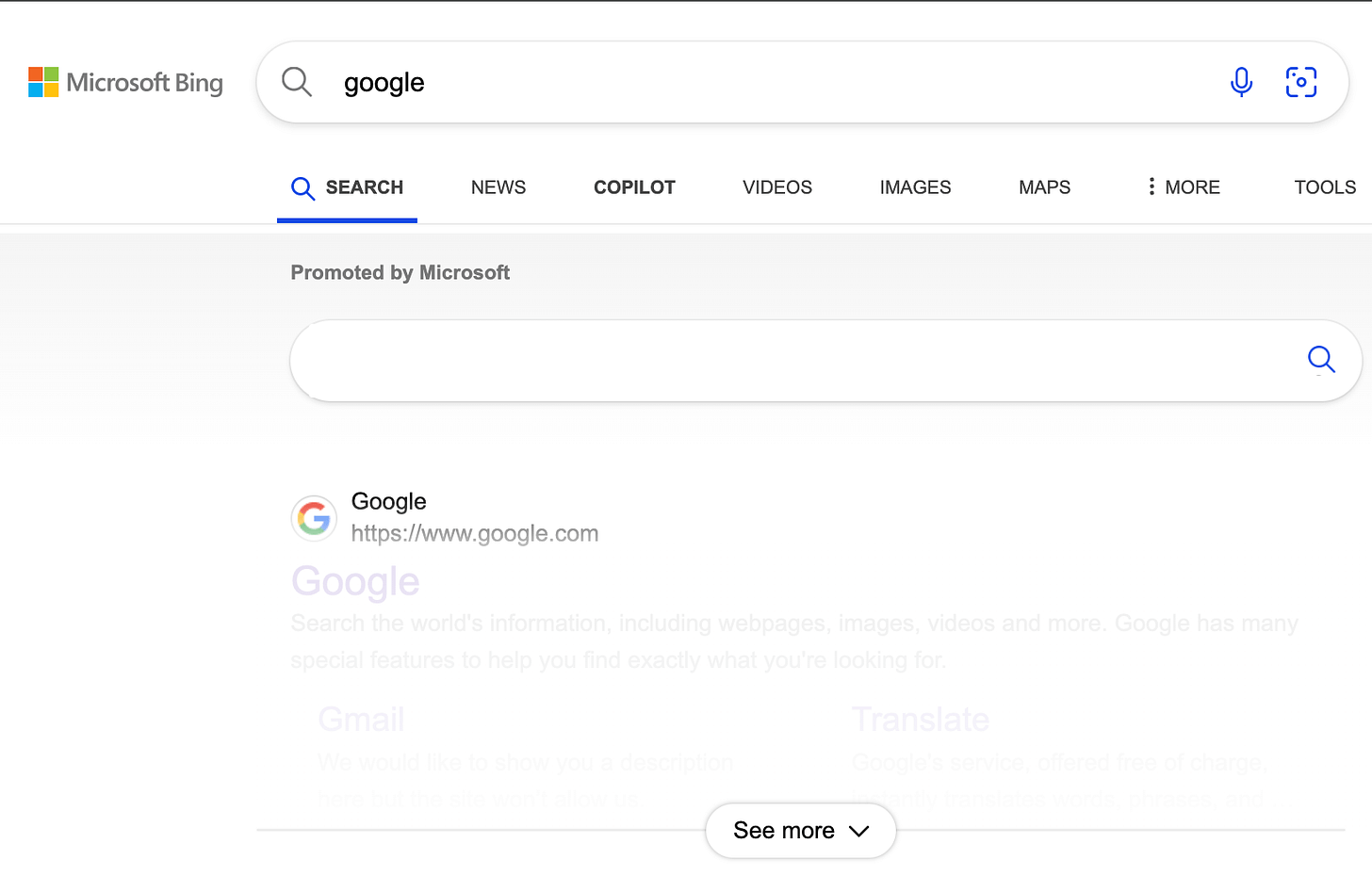Bing oculta los resultados de búsqueda de Google