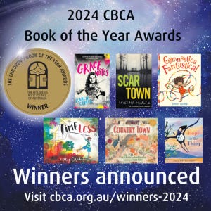 A starry background with six book coves next to a gold circle with black text. The CBCA Book of the Year winners for 2024. 